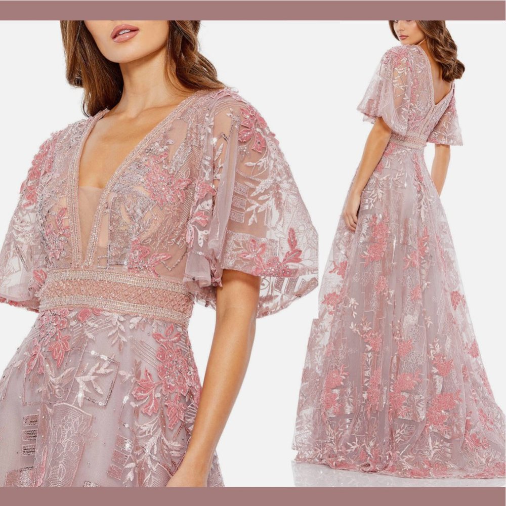 NWT $798 Mac‎ Duggal [ 16 ] Embroidered Flounce Sleeve A-Line Gown Pink